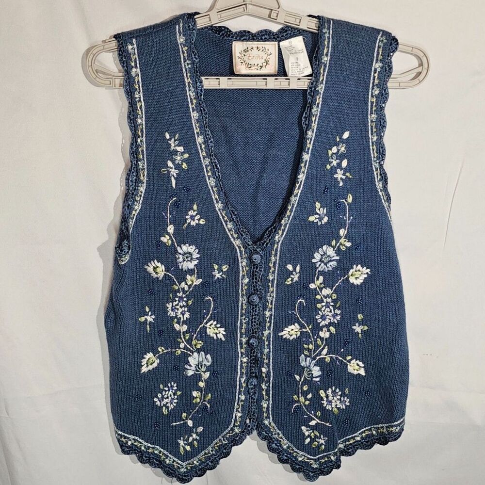 Vintage Erika Floral Embroidered Sweater Vest Blue Ramie Cotton Crochet Womens M
